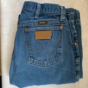 Wrangler 13MWZ Work Jeans Mens 34x38 Blue Denim Western Cowboy Riding Distressed